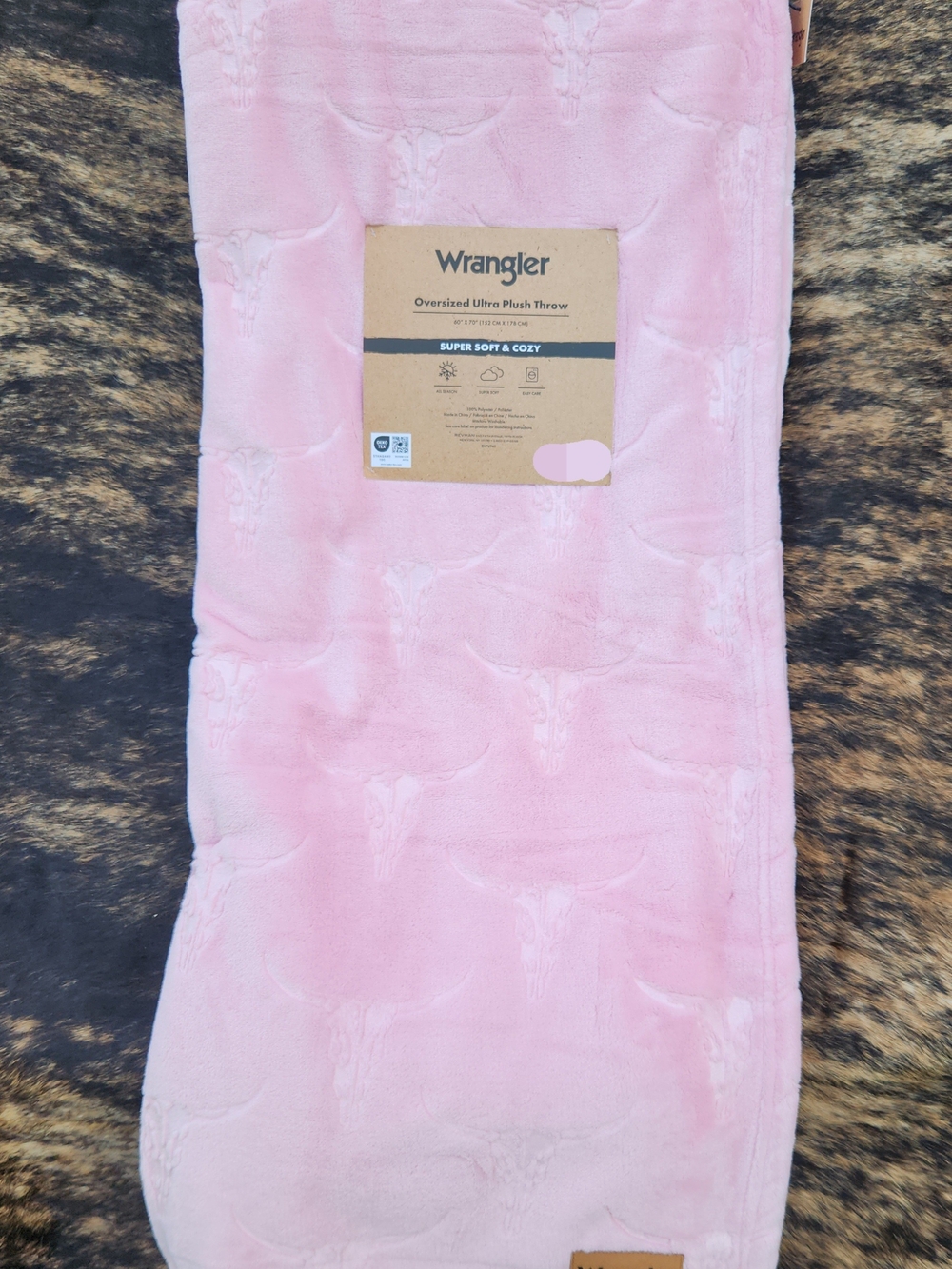 Wrangler Pink Oversized Plush Throw Blanket With Steer Heads